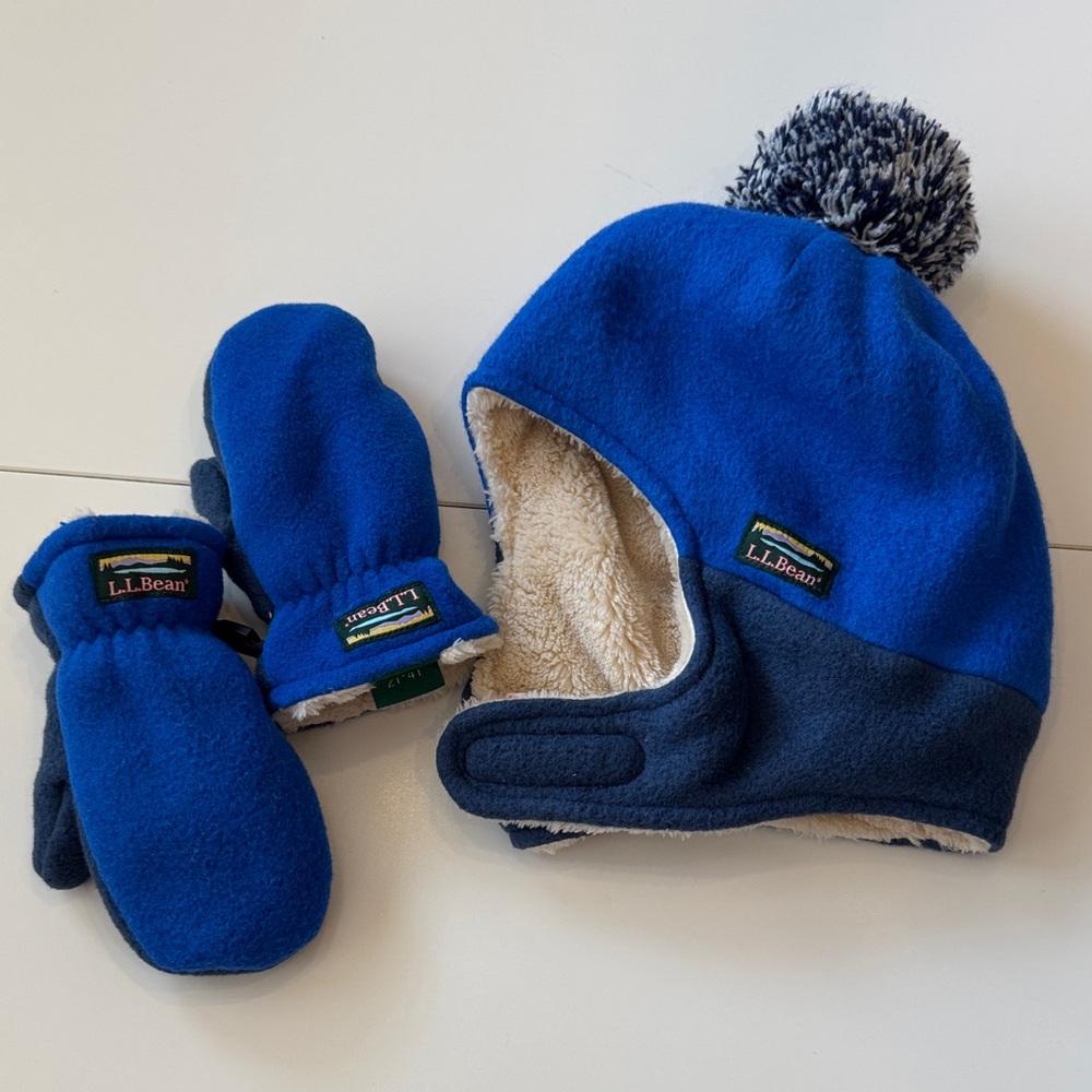 L.L. Bean Kids Blue Fleece Hat and Mittens